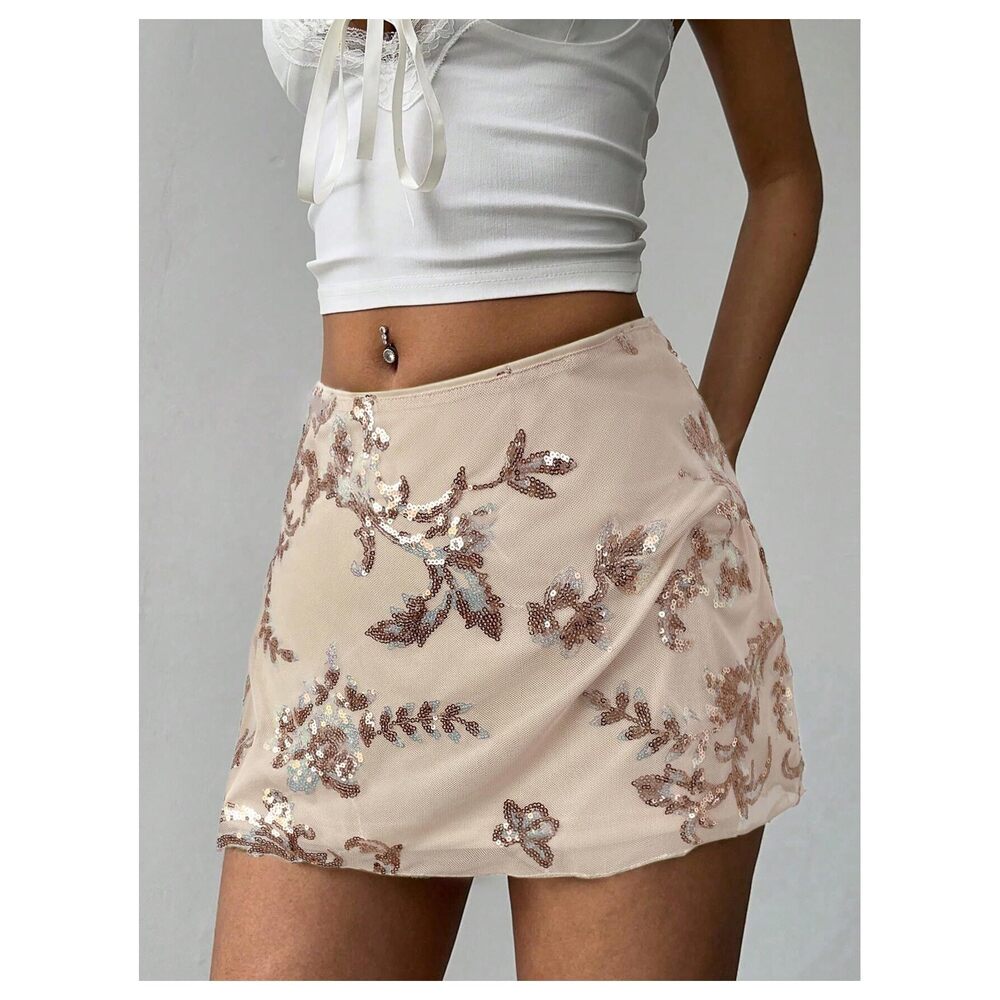 3308 Sequin Skirt Summer Floral Mesh Glitter Sparkly Mini Skirt Apricot - Picture 4 of 6